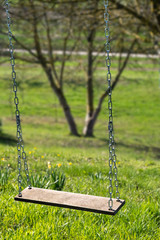 Wooden swing hanging over green grass