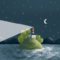 Lighthouse on an island in the middle of the sea illustration