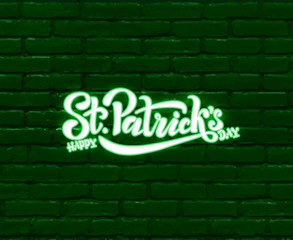 Fototapeta premium Hand sketched Irish celebration design. illustration of Happy Saint Patrick's Day logotype. Beer festival lettering typography icon. Hand drawn typography badge with Brick wall, neon
