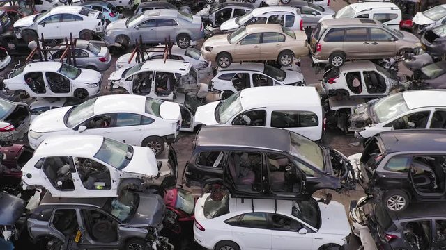 Large Salvage Car parts and Vehicles lot, Aerial view.