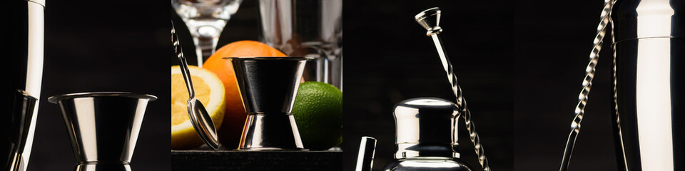 collage of jiggers near tasty oranges and lime isolated on black