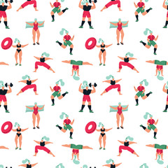 Women feminist seamless pattern. Girls doing sports. Poses of yoga, exercises for healthy lifestyle, swimming in pool. Trendy pattern with girls in summer swimsuits and sportswear. Body positive.