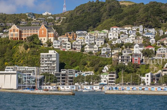 Panoramic shot of expensive real estate on Mt Victoria and Oriental Bay in Wellington, New Zealand