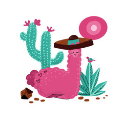 Pink alpaca kid hand drawn illustration. Llama or alpaca print clipart design for nursery design, poster, birthday greeting card. Cute Lama lying in sombrero with big cactus, plants,stones, sun