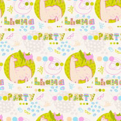 seamless pattern with llamas silhouettes in pink and green colors. fun design for girl with llama lettering, hand-drawn with spots, circles, and irregular dots in soft colors