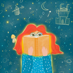 Illustration of girl reading book and dreaming 