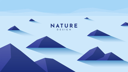Abstract vector illustration. Flat vector landscape. Website or game minimalist template. Cartoon design. Modern background. Blue wallpaper. Mountains. Rocks in water. Stones in sea with shadow.