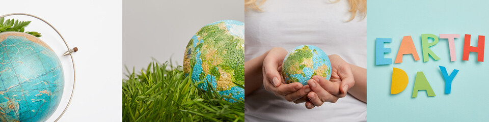 collage of woman holding globe, green grass and earth day lettering, eco friendly concept