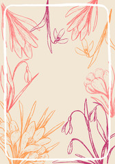 Delicate colorful vector greeting card. Spring card design with hand drawn contour snowdrops and crocuses. Place for text. Wedding, invitations, anniversary, birthday, valentines etc Flower background