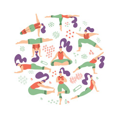 Round shape composition of yoga women.Healthy lifestyle.Set of illustration with yoga class on white background. Woman doing sports.Yoga poses flat illustration. Fitness for every woman.