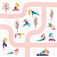 Yoga girls in a park seamless pattern white background.People doing activities and sports outdoor between paths and trees. Women doing stretching,fitness outside. Flat scandinavian illustration
