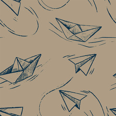 Abstract vintage vector seamless pattern. Graphic drawing origami figures. Decorative background with paper planes and boats sketches. Universal wallpapers. For design, prints, fabric, wrap, card etc.