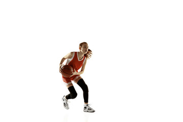 Young caucasian female basketball player in action, motion in run isolated on white background....
