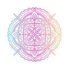 Round bright gradient mandala on white isolated background. boho mandala in blue, yellow and pink colors. Mandala with abstract patterns. Yoga template