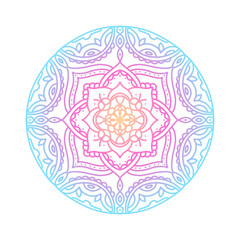 Round gradient mandala on white isolated background. boho mandala in blue, yellow and pink gradient colors. Mandala with abstract patterns. Yoga template