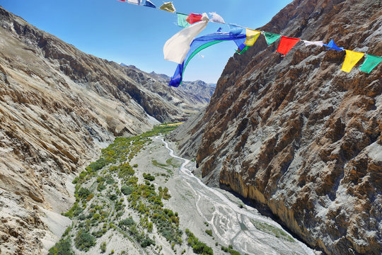 View of river and deep valley from Techa gompa along the Markha valley trek. Ladakh, India