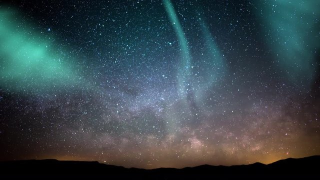 Aurora Borealis Milky Way Galaxy Rise Time Lapse Stars Over Mountains Simulated Northern Lights