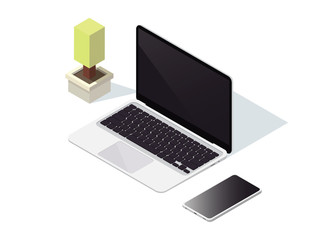 Clean minimalist home office workspace. Vector isometric illustration with laptop, smartphone and plant in the pot.