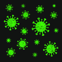 Virus grunge style set. Influenza epidemic wallpaper icon. Computer malware logo. Green symbols isolated black background. Vector illustration image.