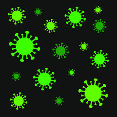 Virus poster. Influenza epidemic wallpaper icon. Pandemic logo. Green symbols isolated black background. Vector illustration image.