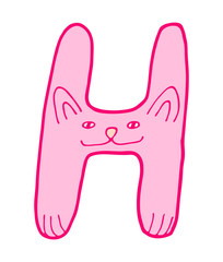 English letter H with cat in doodles style. Kids font vector Illustration on a white background.