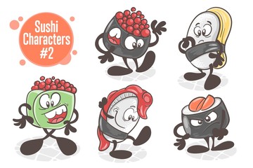 Sushi. Asian cuisine. A set of funny cartoon characters. Illustration isolated on white background