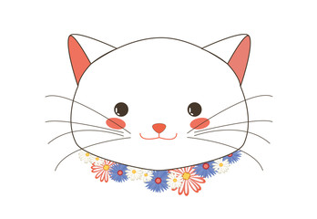 Cute White Kitten Face with Flower Collar