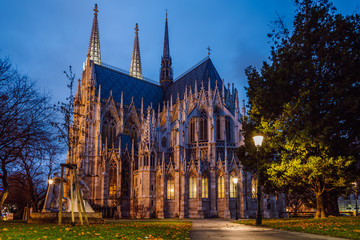 Votivkirche ( Votive Church ) at night. Neo-Gothic church located in Vienna, Austria.