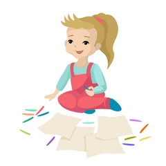 Child draws on paper with pencils, sits on the floor and smiles. Vector character