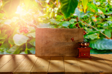 Desk of free space and coffee plantation 