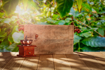 Desk of free space and coffee plantation 