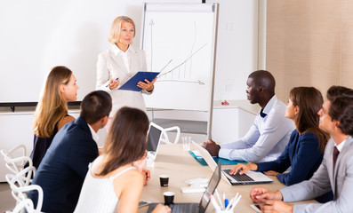 Woman reading out report to colleagues