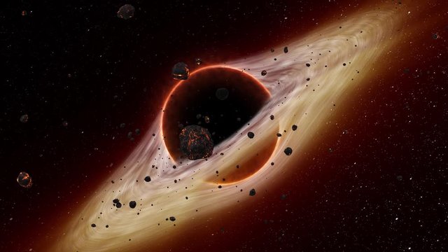 Supermassive black hole on cosmos, space. Accretion disk and rotating clouds, swallowing asteroids. 