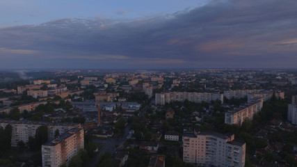 Fototapeta na wymiar Aerial view of sunset in Zhytomyr city, Ukraine. Great sunrise.
