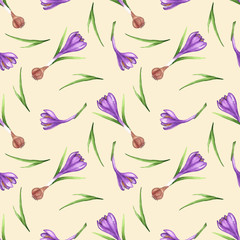 Fototapeta na wymiar Seamless watercolor pattern with violet crocuses and green leaves.