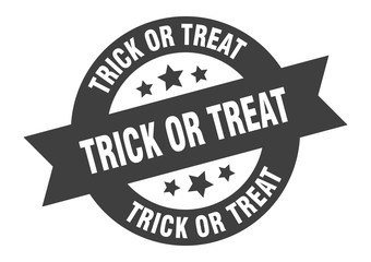 trick or treat sign. trick or treat round ribbon sticker. trick or treat tag