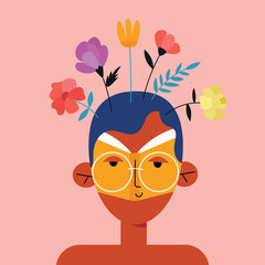 Cute young boy in love with reading. Concept vector illustration in the modern flat style. Modern illustration for print, postcard, t-shirt or book festival.