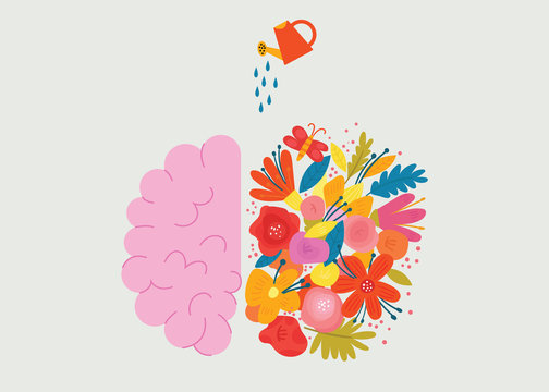 Creative design of the human brain with flowers. Concept vector illustration in the modern flat style. Modern illustration for print, postcard or t-shirt.