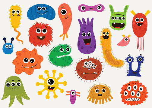 Cartoon set with different characters of microorganisms.Funny collection of bacterias, protists, microbes,viruses . Bright colored flat vector illustration isolated on background
