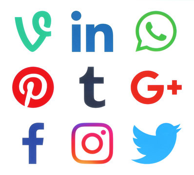 Kiev, Ukraine - November 25, 2016: Collection of popular social media logos printed on paper: Facebook, Twitter, Google Plus, Instagram, Pinterest, LinkedIn, Vine, Tumblr and WhatsApp