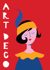 Art Deco woman in retro style. Colorful invitation card. Handmade drawing vector illustration. Art Deco style - poster design.