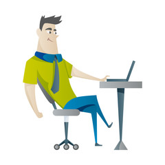 Office work and remote work, freelance. Young man working on laptop. Vector illustration in flat style.
