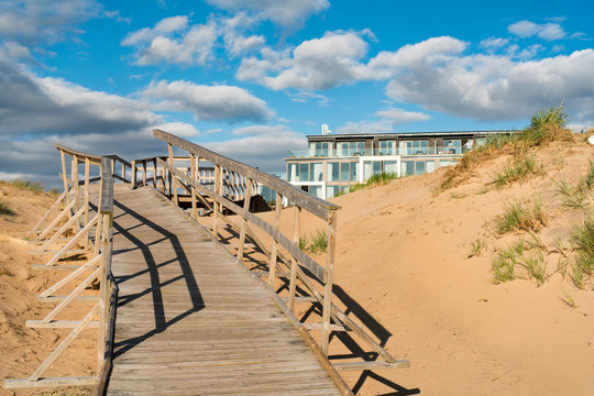 Tylosand Beach Halmstad daytime, one of Swedens most popular beaches - Wooden Walkway up to hotel.