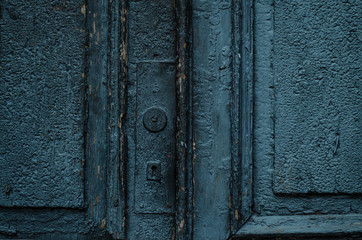 Old wooden door. The structure of the old tree. Wooden boards and wall. Kraska is climbing from the old door. Lock and handle on an old door.