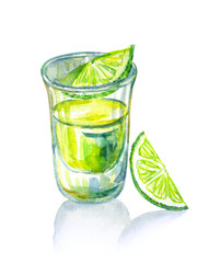 Tequila in a shot glass with lime slices, watercolor illustration on a white background, isolated.