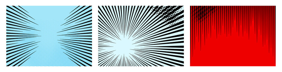 Set of color radial lines comics style background. Manga action, speed abstract. Vector illustration. Isolated on white background