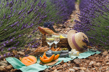 Outdoor picnic on a sunny summer day in a lavender field. Valensole, France
