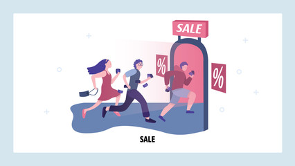 People running for sale with big discounts. Men and women run to the store for promo sale. Vector web site design template. Landing page website concept illustration