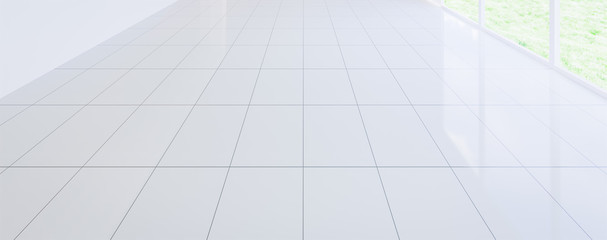 White tile floor background in perspective view. Clean, shiny and symmetry with grid line texture....