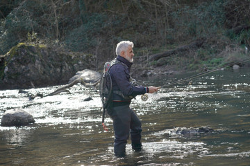 fly fisherman in river in winter